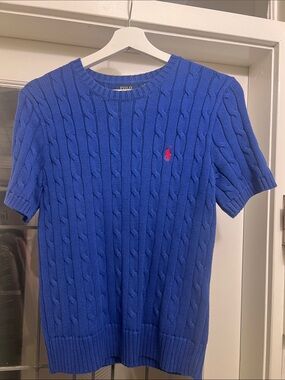Polo by Ralph Lauren Cable-Knit Short-Sleeve Sweater in Royal Blue with Red Pony